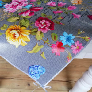 Tischdecke abwaschbar rund - Grau mit pinken Blumen
